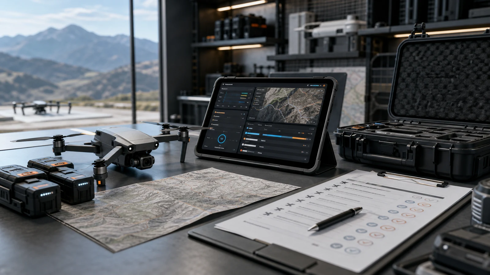 Dron profesional, baterías, mapa técnico y panel digital de mantenimiento para operaciones UAS